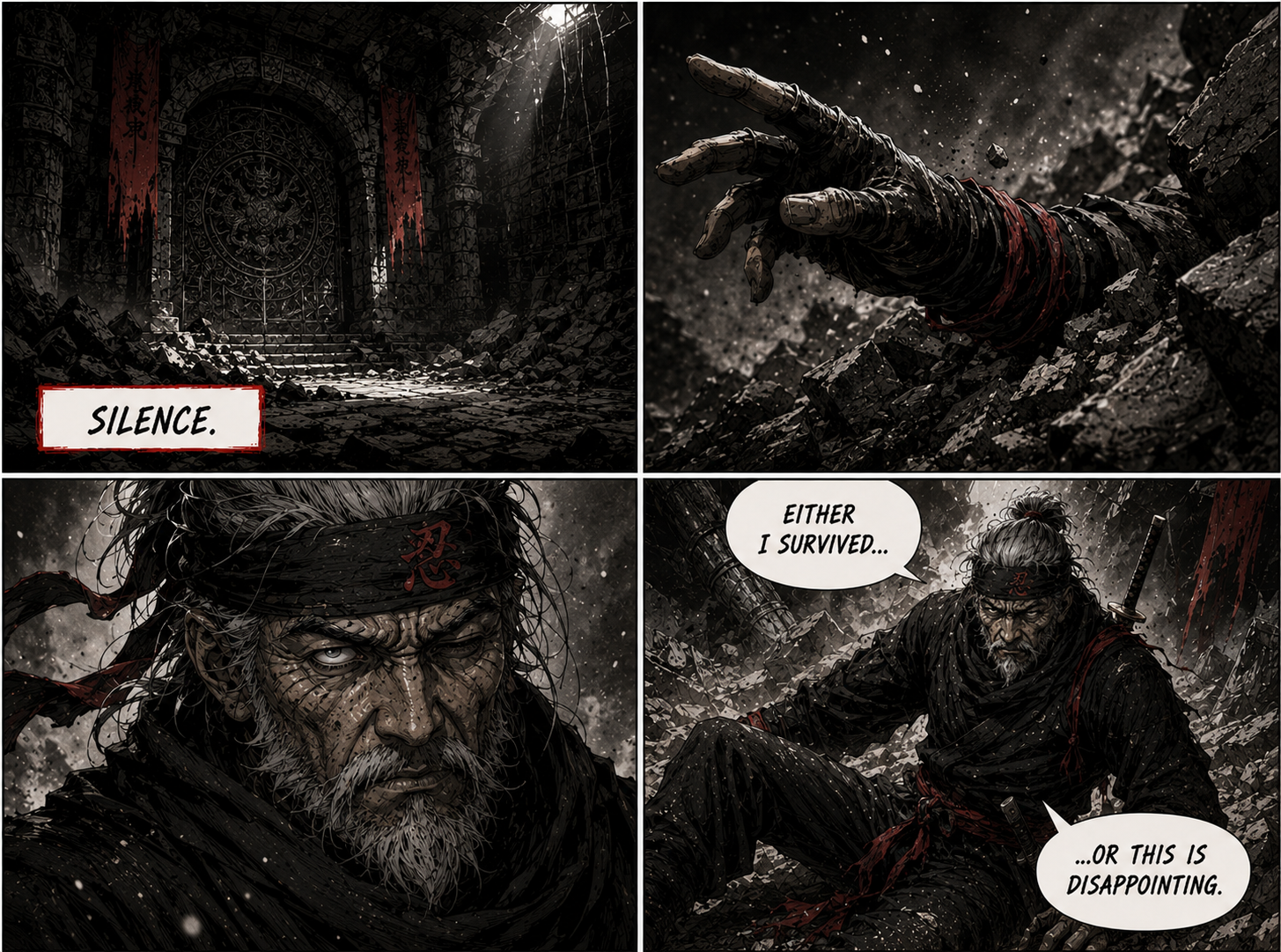 Grumpy Ninja comic: the ninja wakes among ruins and decides whether survival or disappointment has occurred.