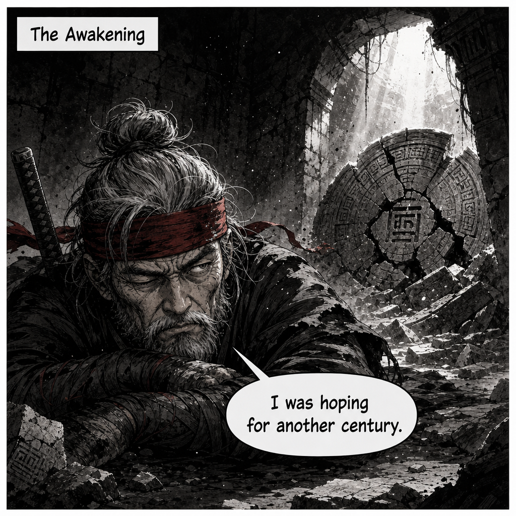 Grumpy Ninja comic, Origins Episode 1: in a dusty stone chamber with a broken seal, the Grumpy Ninja opens one eye and says, "I was hoping for another century."